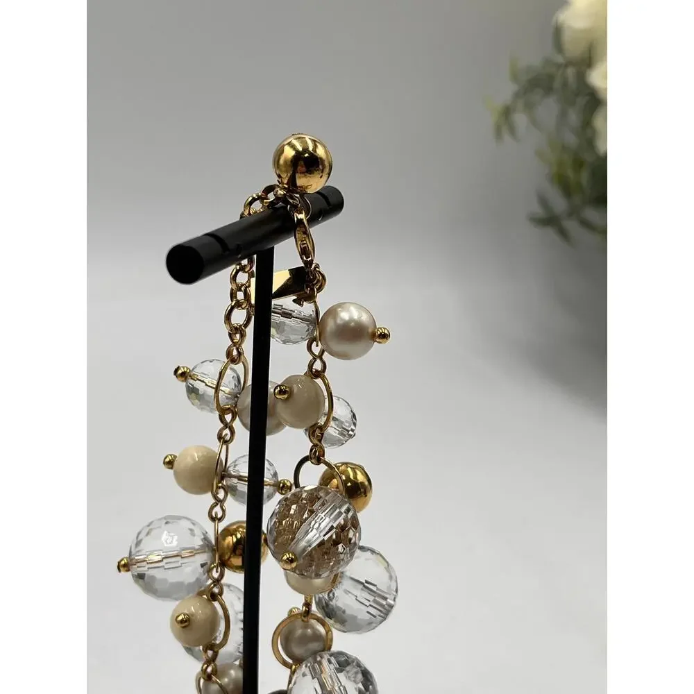 Kate Spade Signed Gold Tone Pearl and Faceted Clear Beaded Cha Cha Bracelet - Picture 4 of 9
